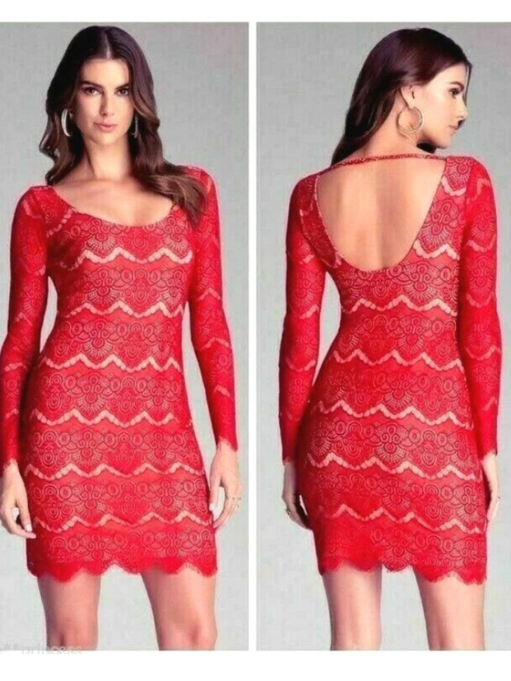 NEW bebe ivory red lace dress low back long sleeve sexy top dress L large